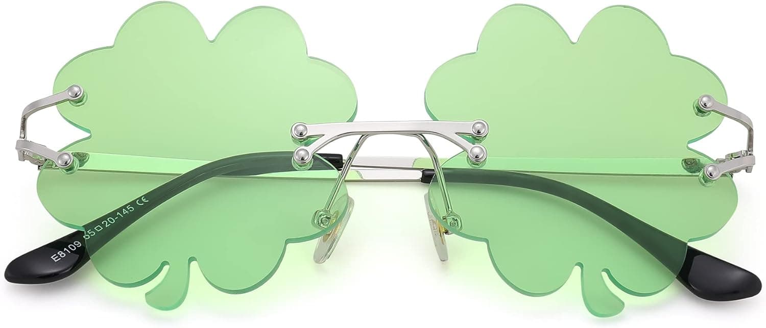 Hycredi St. Patrick’s Day Irish Shamrock Sunglasses Green Four Leaf Clover Leprechaun Costume Glasses