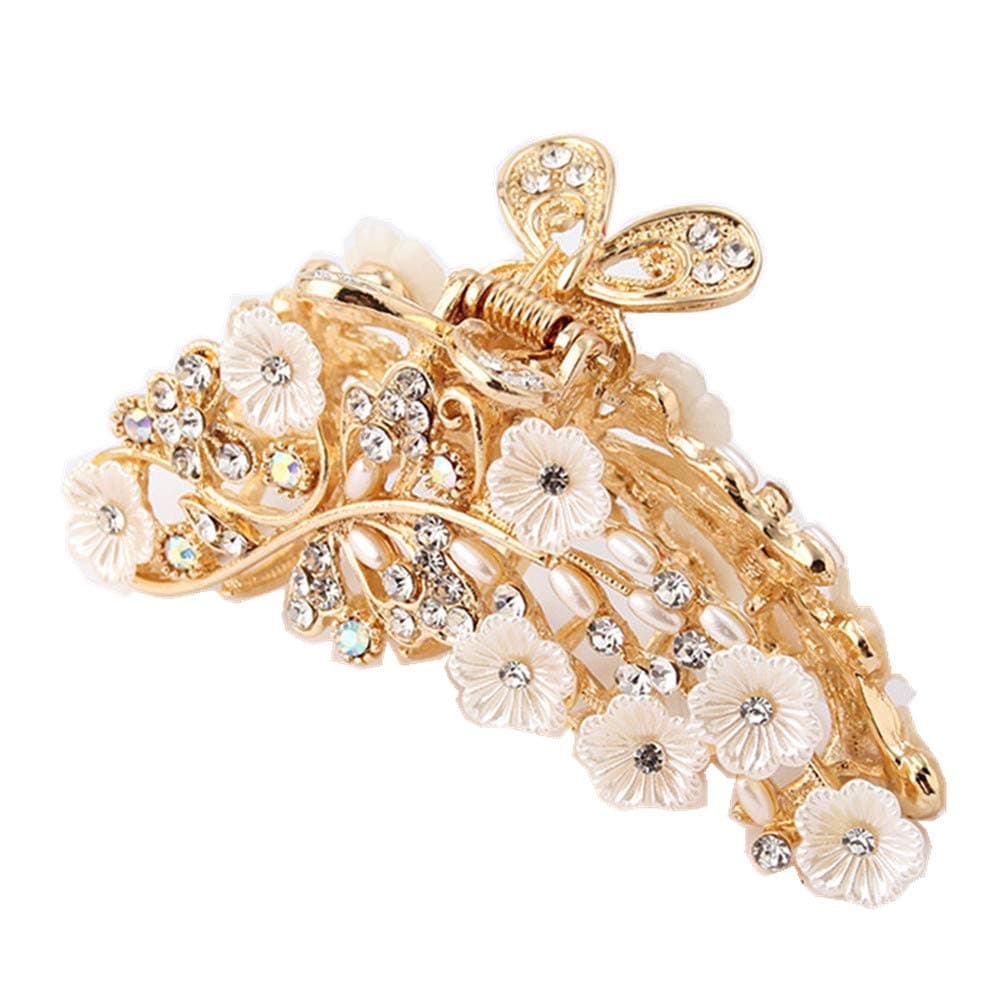 ShungFun Women Elegant Jaw Clips Fashion Hollow Carving Flower Pattern Hair Claw Clips w/ Rhinestones for Women Girls Hair Styling Accessories (Leaf-gold)