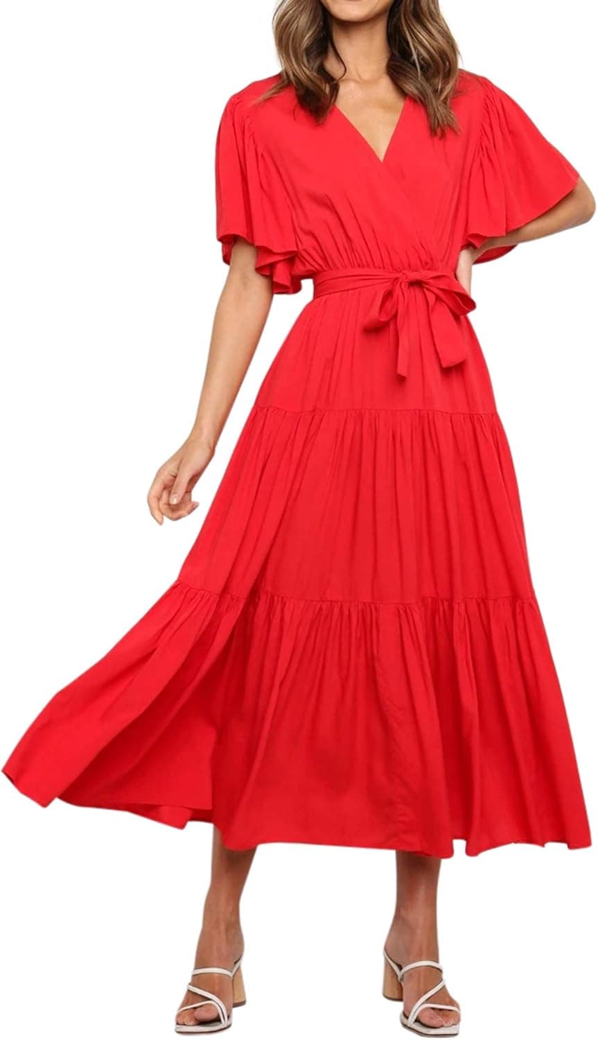 R.Vivimos Women's Fall Cotton Long Sleeves Irregular Polka Dot V Neck Casual Flowy Midi Dress