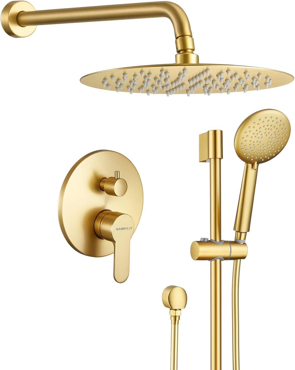 Gabrylly Brushed Gold Shower System, Wall Mounted Slide Bar Shower Faucet Set with High Pressure 10" Rain Shower head and 5-Setting Handheld Shower Set, Shower Valve with Trim and Diverter