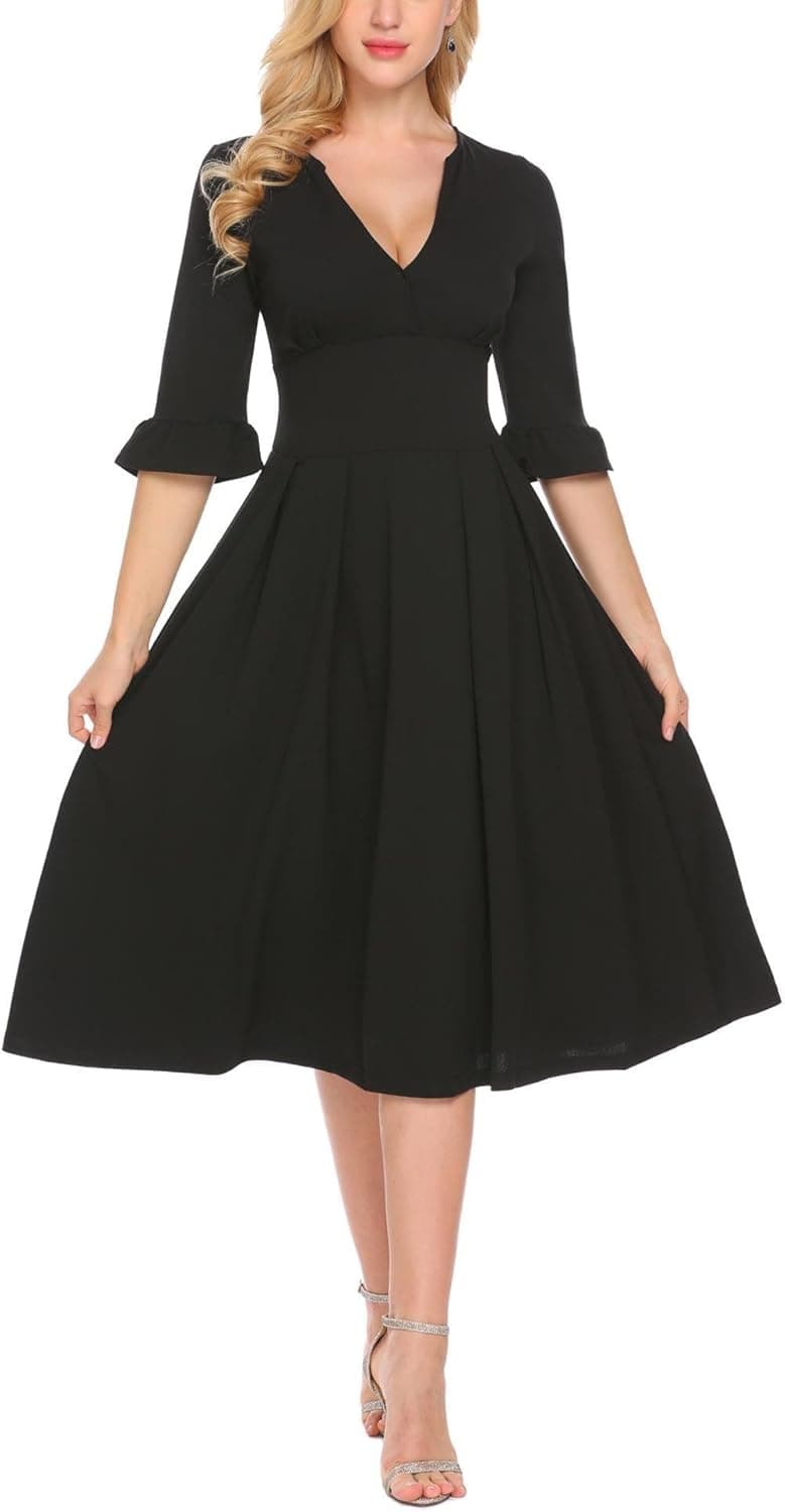 ELESOL Women’s Elegant Cocktail Maxi Dress Deep V Neck Half Sleeve Vintage Pleated Dress Black