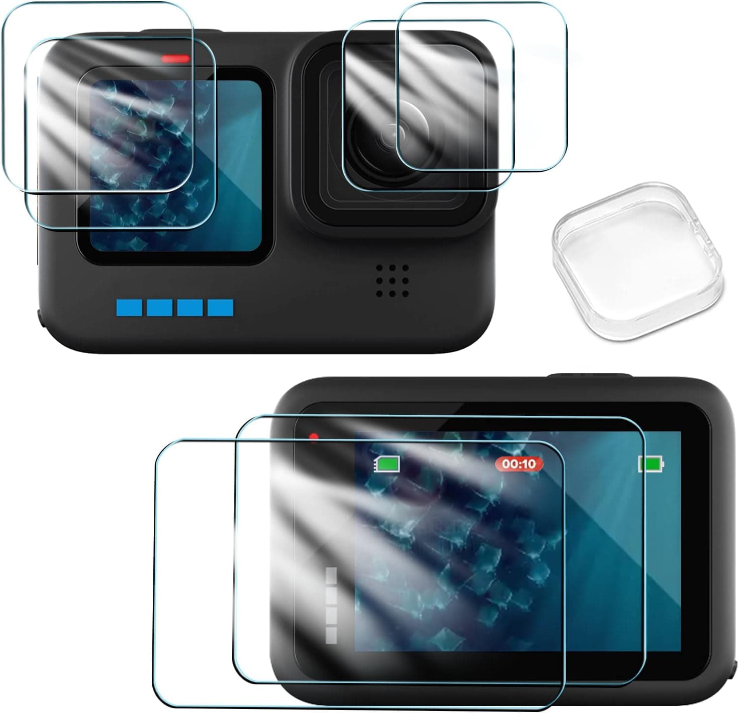 Screen protector for GoPro Hero 9 ultra-transparent tempered glass black 6 pieces 1TPE rubber lens Cap cover (for accessories)