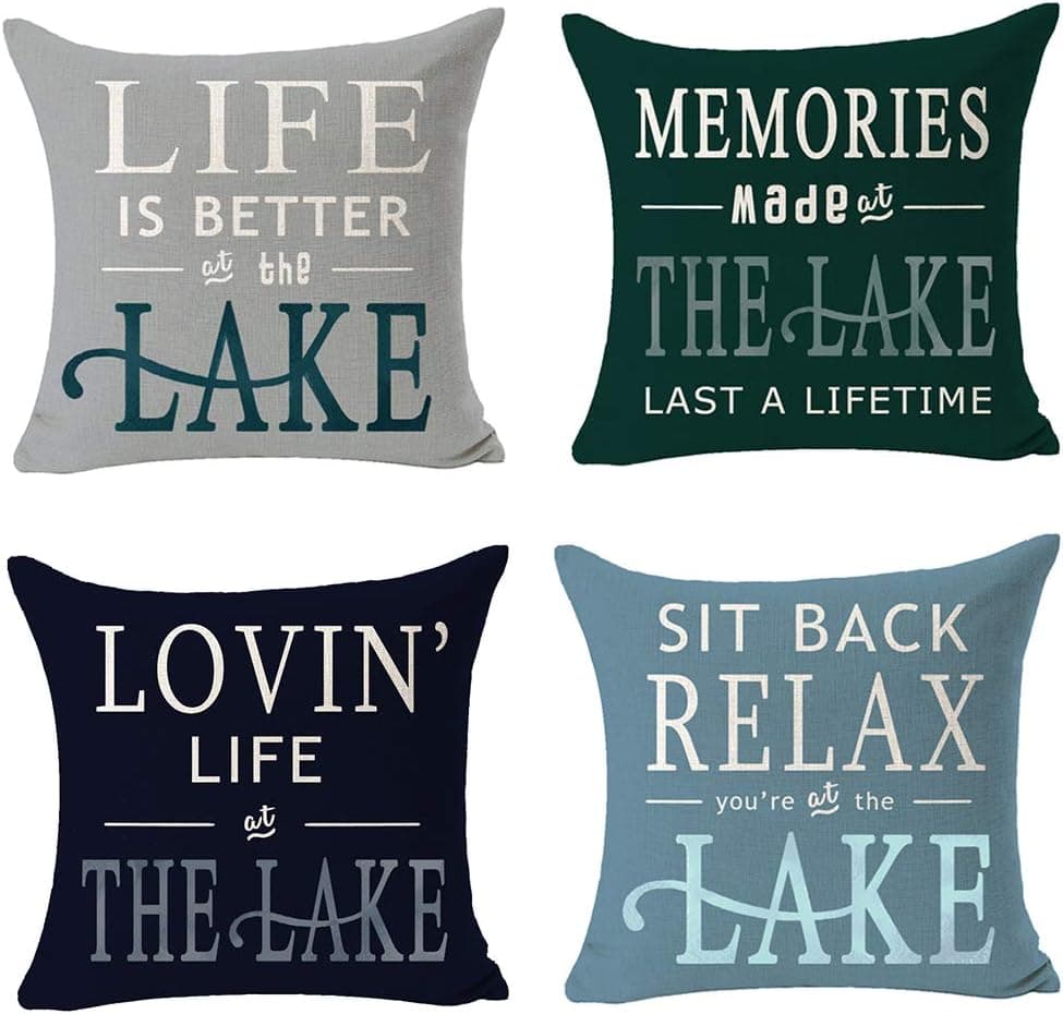 NIDITW Set of 4 Life is Better at The Lake Cotton Burlap Decorative Square Throw Pillow Case Cushion Cover for Couch Living Room 18 inches (E)