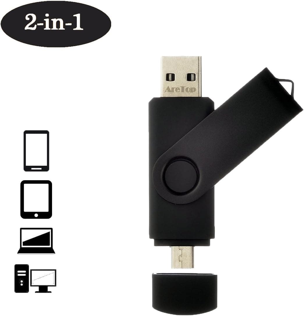 Dual Flash Drive 8GB ARETOP OTG USB2.0 Flash Drive Disk Memory Stick Thumb Drives Pen Drive for Computers and Android Devices (Smartphones Tablets PC Samsung Galaxy, Note, LG, Lumia, etc. Black