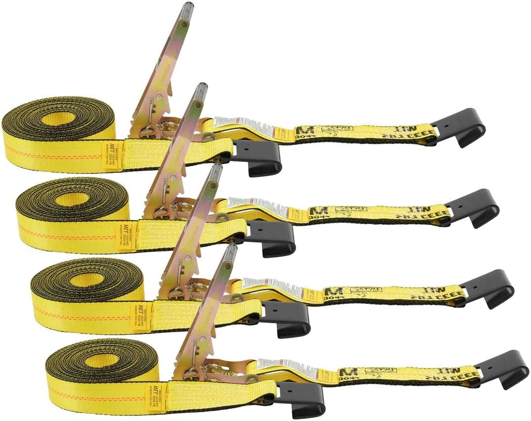 Mytee Products Ratchet Tie-Down Straps with Flat Hooks, 2" x 30' Ratchet Straps Yellow | 10,000 Lbs Breaking Strength | TieDown Ratchet Straps for Flatbed, Truck, Trailers Pickup (4 Pack)