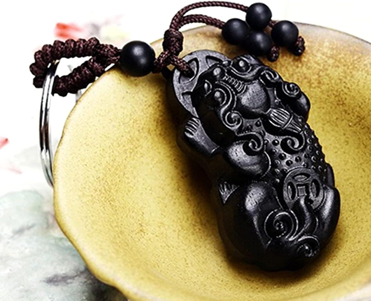 Betterdecor Feng Shui Peach Wood Carved Pi Yao/Pi Xiu/Bi Xie Key Ring Amulet for Wealth