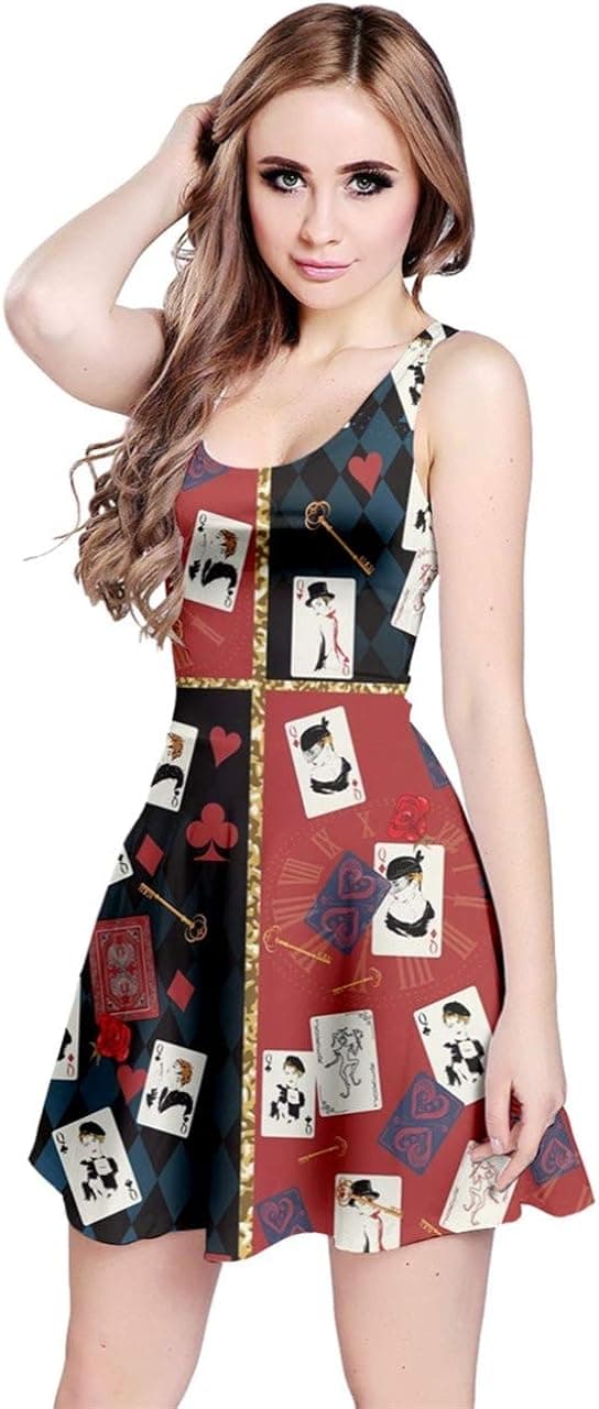 CowCow Womens Dark Poker Playing Cards Print Queen Flame Hell Fire Seamless Sleeveless Dress, XS-5XL
