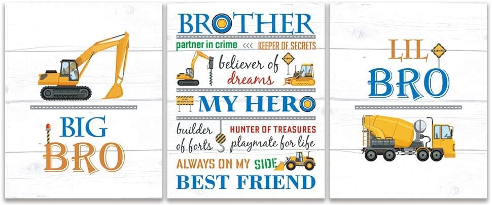 HLNIUC Transportation Brothers Quote Wall Art, Colorful Inspirational Art Print, Construction Trucks Canvas Poster Set Of 3(8”X10”, Unframed), Cartoon Vehicles Sign For Boy’s Playroom, Bedroom Decor