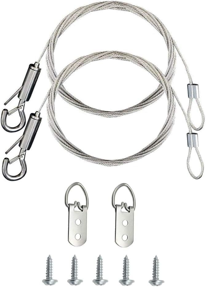 2PCS Adjustable Picture Hanging Wire Kit with D Rings 2m x 1.5mm Heavy Duty Mirror Hanging Wire with Loop and Hook Stainless Steel Hanging Wire Rope for Picture, Mirror, Light Hold Up to 20KG