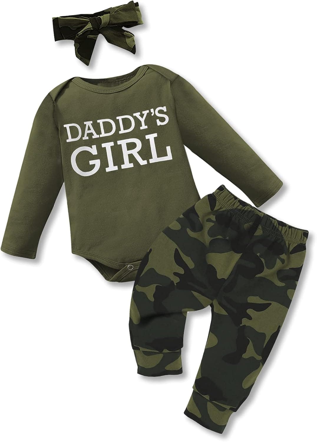 AMAWMW Newborn Infant Baby Girl Clothes Daddys Girl Camo Outfit Long Sleeve Romper Camouflage Pant Toddler Baby Girl Clothes (Daddys Girl Long Sleeve, 3-6 Months)