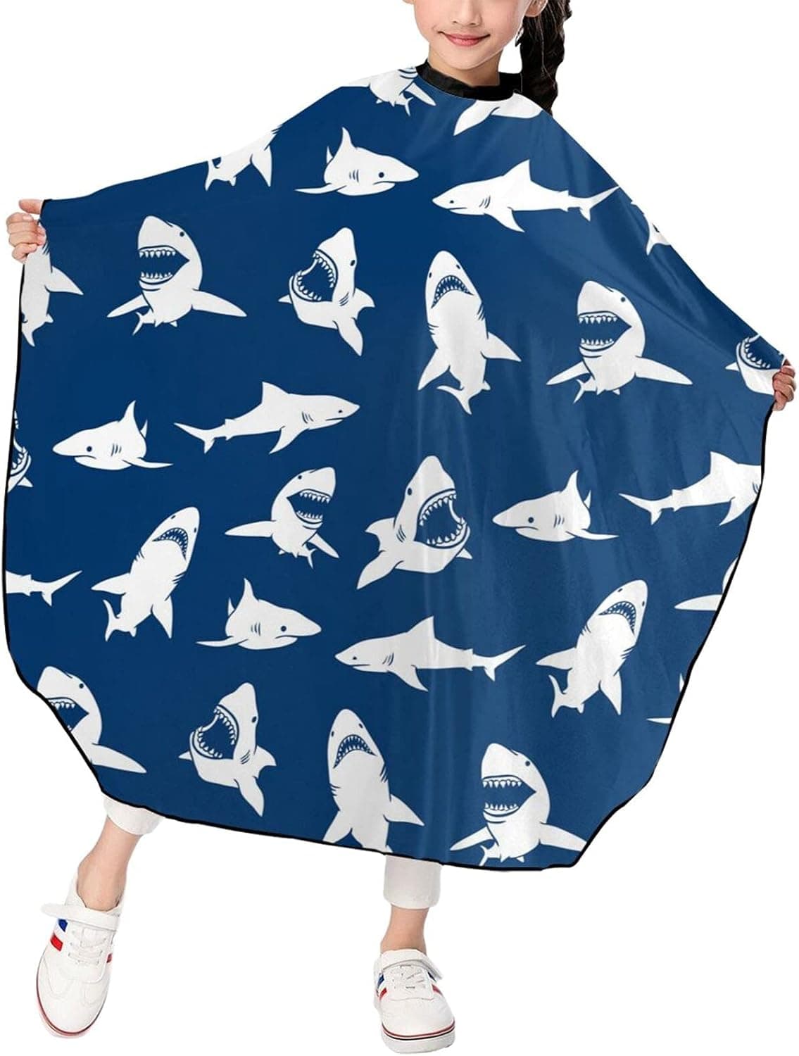 ONE TO PROMISE Shark Barber Cape,Cartoon Shark Blue Hair Cutting Cape for Kids Boys Girls,Professional Haircut Salon Cape with Adjustable Snap Closure for Haircuts,Makeup,Hair Dye