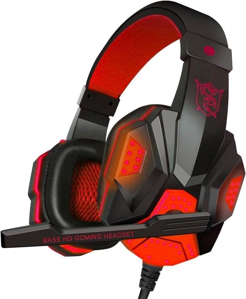 Gaming Headset with Mic, SUPVIN Stereo Noise Cancelling Gaming Headphones 3.5mm USB Wired Surround Sound Over Ear Headphone with LED Lights for PC, Laptop, Computer, Mac(Black)