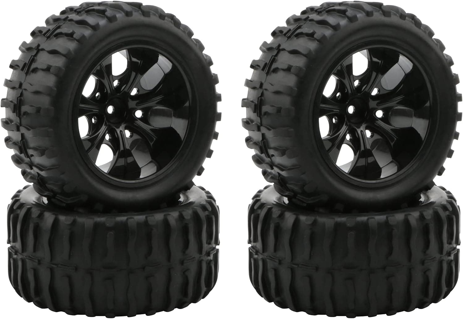JIUWU RC 1:10 Truck Off-Road Car Rubber Tires + 7 Spokes Wheel Rim Black Rc Car Parts Pack of 4