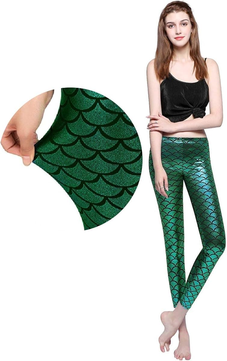Fish Scale Mermaid Leggings Shiny Skinny Halloween Costume for Women Pants S-3XL Green