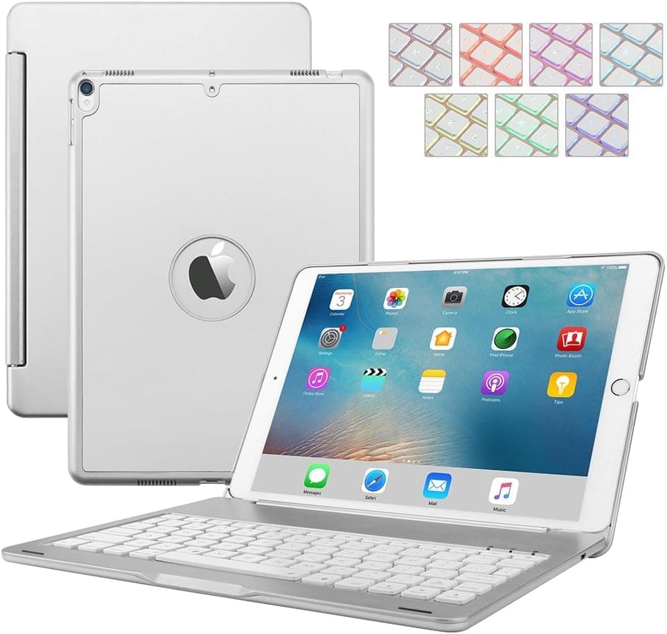 iPad Pro 9.7 Keyboard Case,Dingrich 7 Color LED Backlit Premium Protective Aluminum Bluetooth Keyboard Case Cover for iPad Pro 9.7 inch with Stylus+Screen Protector (Silver)