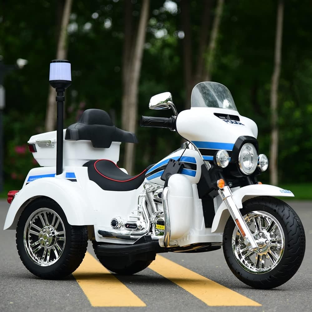 12V Ride On Police Motorcycle for Kids,3 Wheels Electric Motorbike Toy ,w/Storage Trunk , Foot Pedal Brake, Hazard Lights and Signal Lights, Motorbike Police Design-Over 3 Years (White-1)