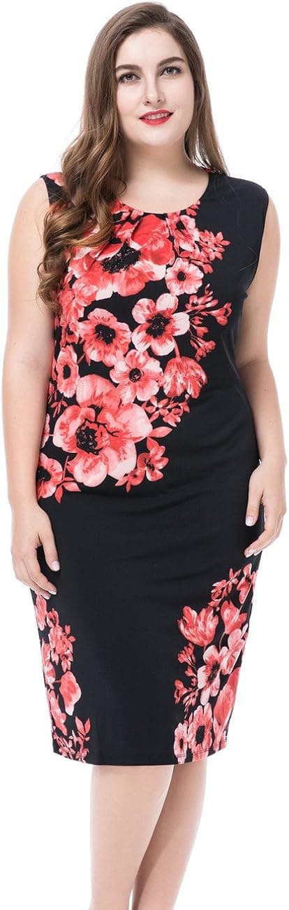 Chicwe Women's Plus Size Lined Floral Printed Sleeveless Dress - Knee Length Work and Casual Dress Pink 18