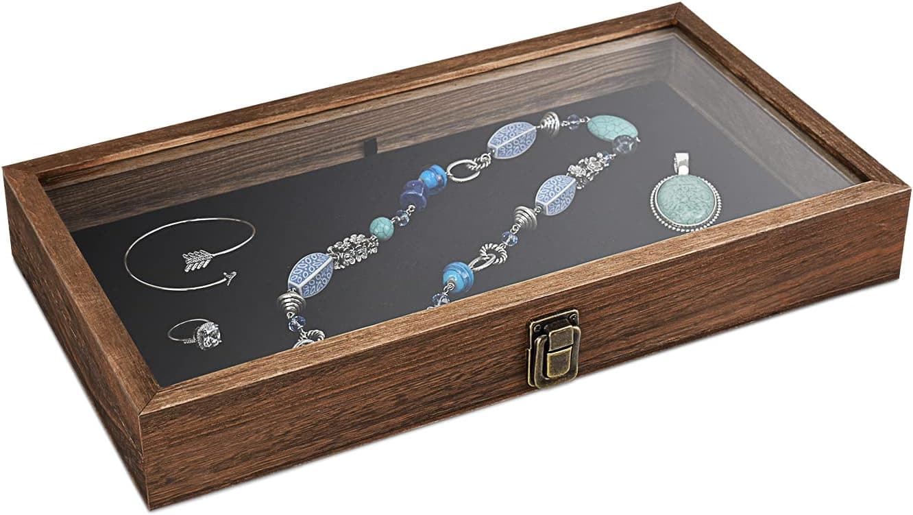 MOOCA Wooden Jewelry display case with Tempered Glass Top Lid, Brown Color