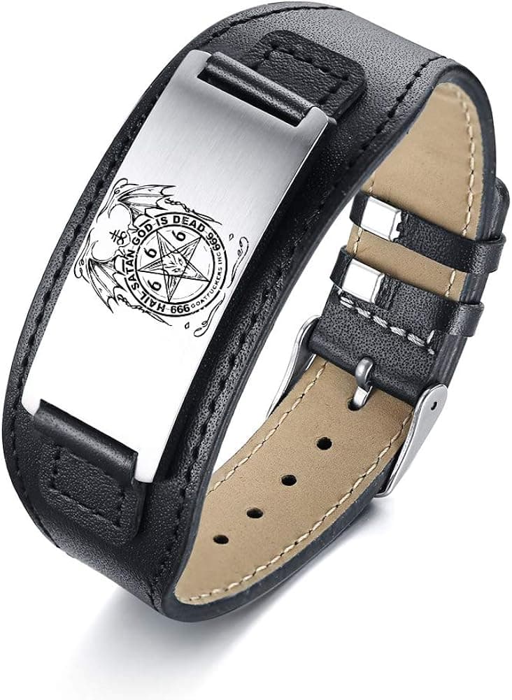 Engraved Satanic Cross Leather Bracelet ,Stainless Steel ID Bracelets Men Jewelry