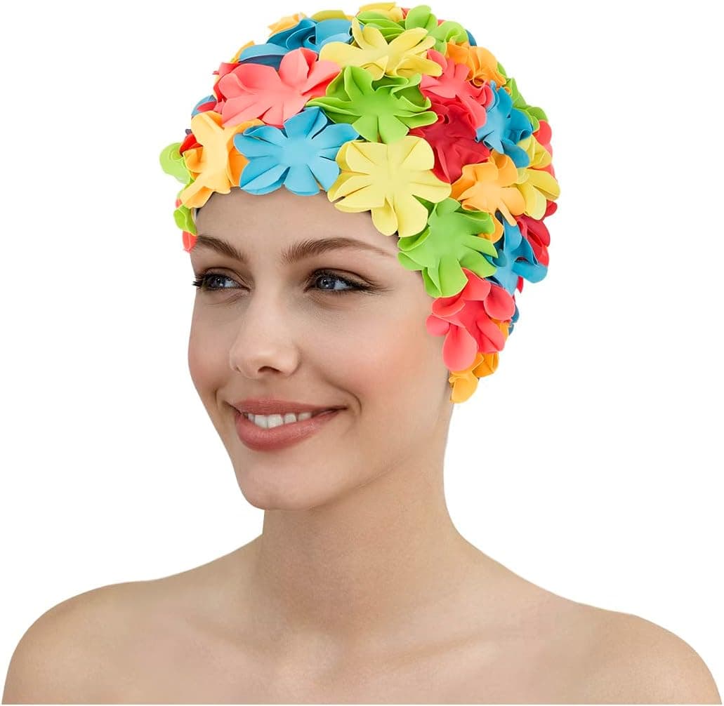 Fashy Multi-Color Flower Petals Retro Rubber Swim Cap - Made in Germany