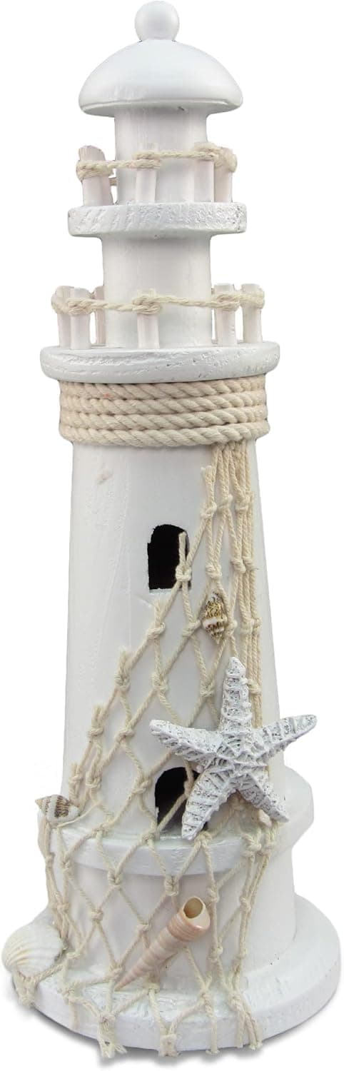 Puzzled COTA Global White Lighthouse Decor - Handmade and Crafted Wooden Lighthouse Decoration with Starfish and Fish Net, Decorative Beach Style Tabletop Centerpiece - 11 Inches