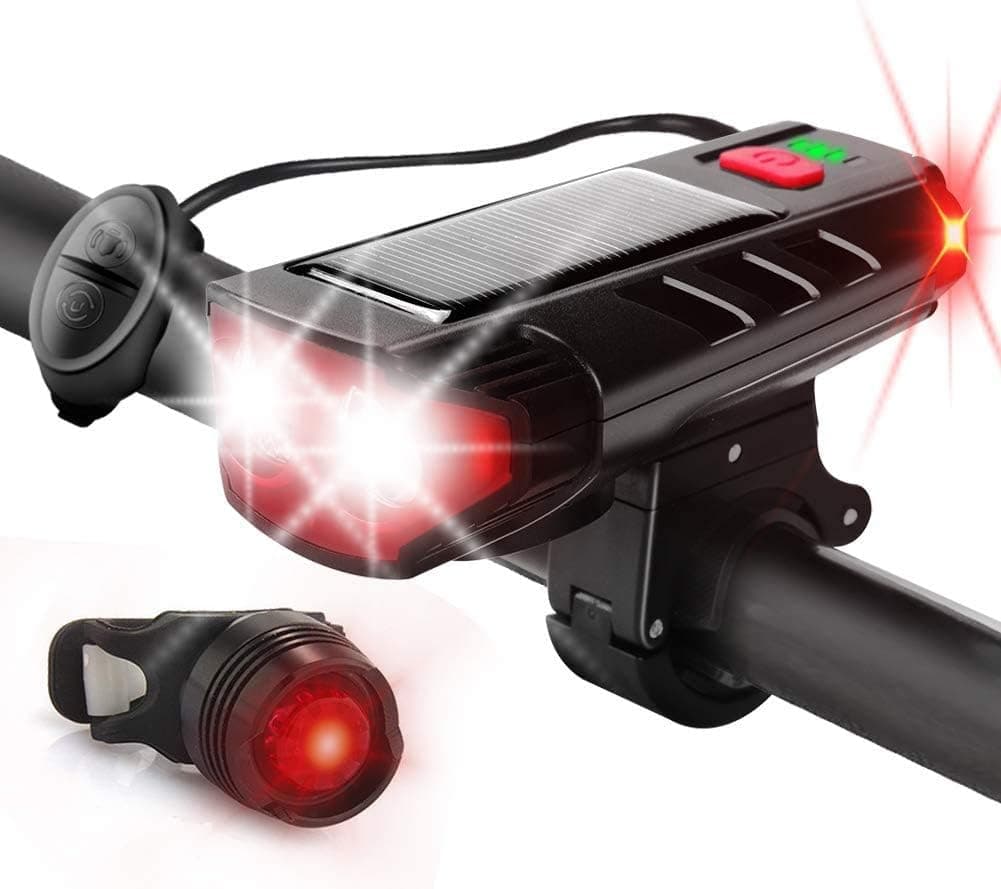 Solar Powered Bike Light Front and Back Rechargeable 6 Modes 120db Bicycle Horn 800 Lumens 5 Mode Waterproof Bicycle Headlight,USB Charge Power