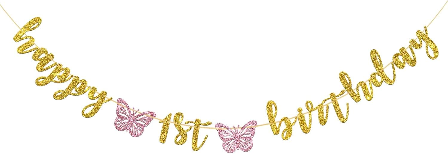 Talorine Happy 1st Birthday Banner, Girl's First Birthday Butterfly Banner, Baby Girl 1st Birthday Party Decorations Supplies, Gold Glitter