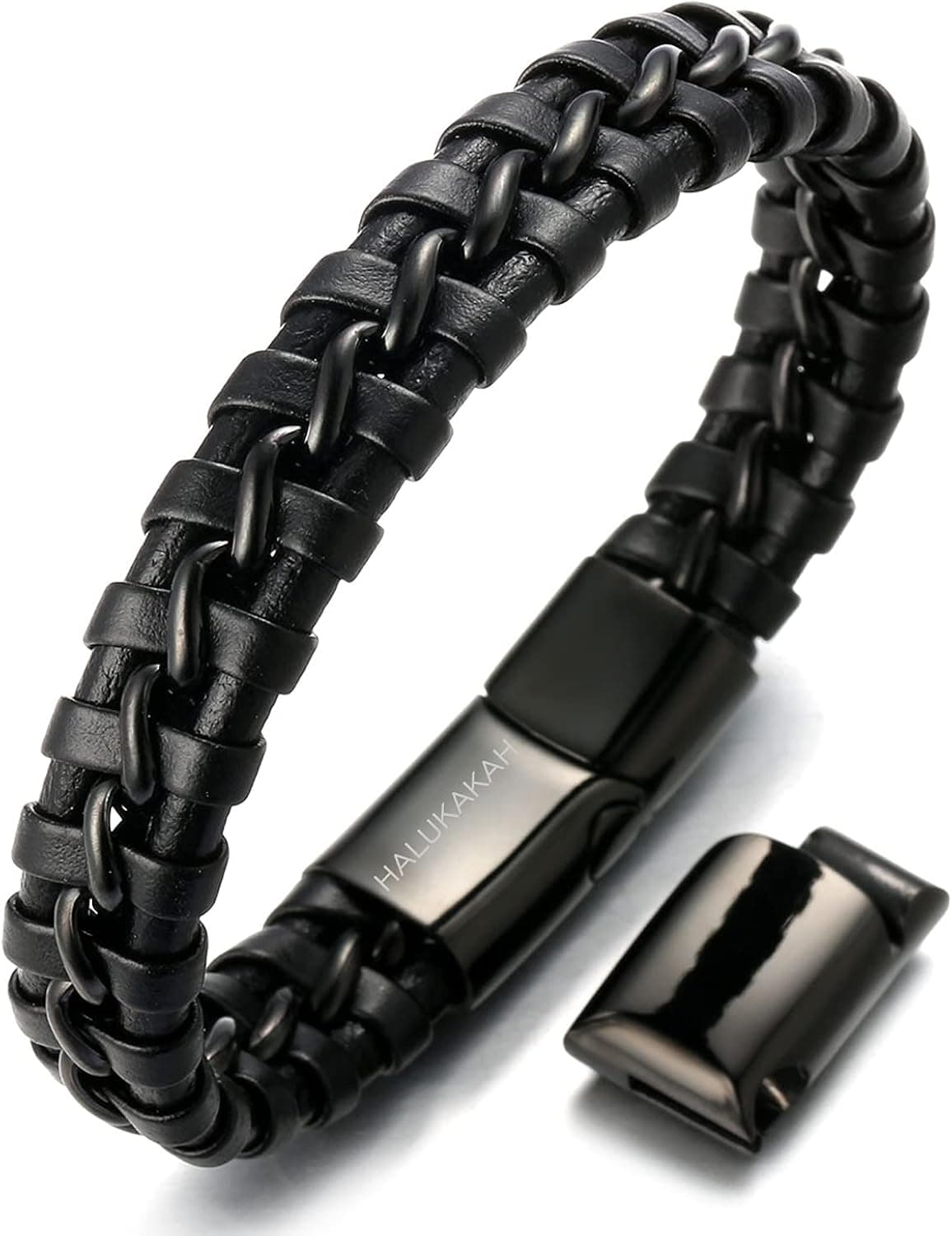 Halukakah ● Solo ● Men's Leather Bracelet 24k Real Gold/Platinum/Rhodium Plated Golden Silver Black Titanium Chain Magnetic Clasp 8.5-9"(21.5-23cm) with Free Giftbox