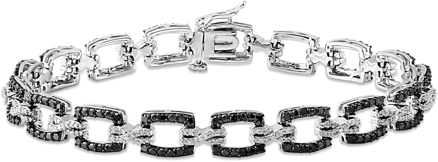 Jewelili Sterling Silver with 1 Cttw Treated Black and Natural White Round Diamond Link Bracelet, 7.25"