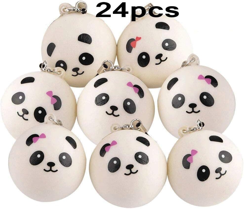MyMagic Slow Rising Kawaii Panda Bread Bun Squishies Mini Stress Balls with Hang Rope ,Phone Key Chain Straps Gift Party Favors (24 Pcs 2.75in)