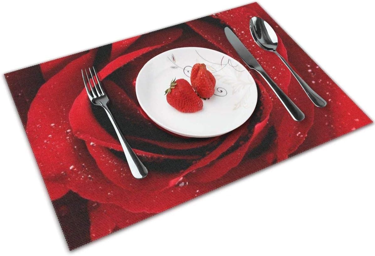 MSGUIDE Red Rose Valentine Placemats Set of 4 for Dining Table Washable Heat Resistant Kitchen Mats,12x18in