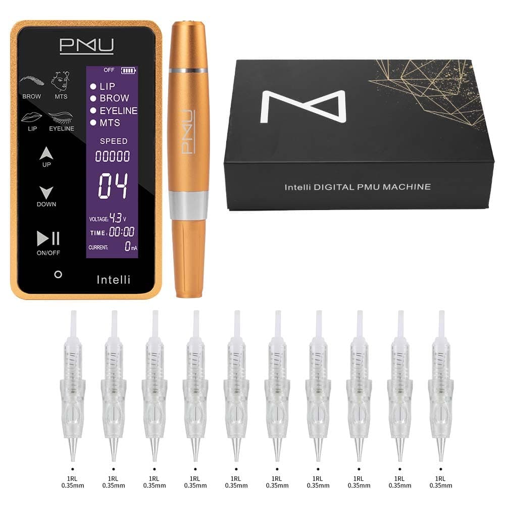 INTELLI Professional Digital Permanent Makeup Machine Kit For Eyebrow Tattoo Multi Function Microshading - Microblading LCD Panel - Ombre Powder Brows. Lip Blushing Eyeliner- Supplies (Machine, Gold)