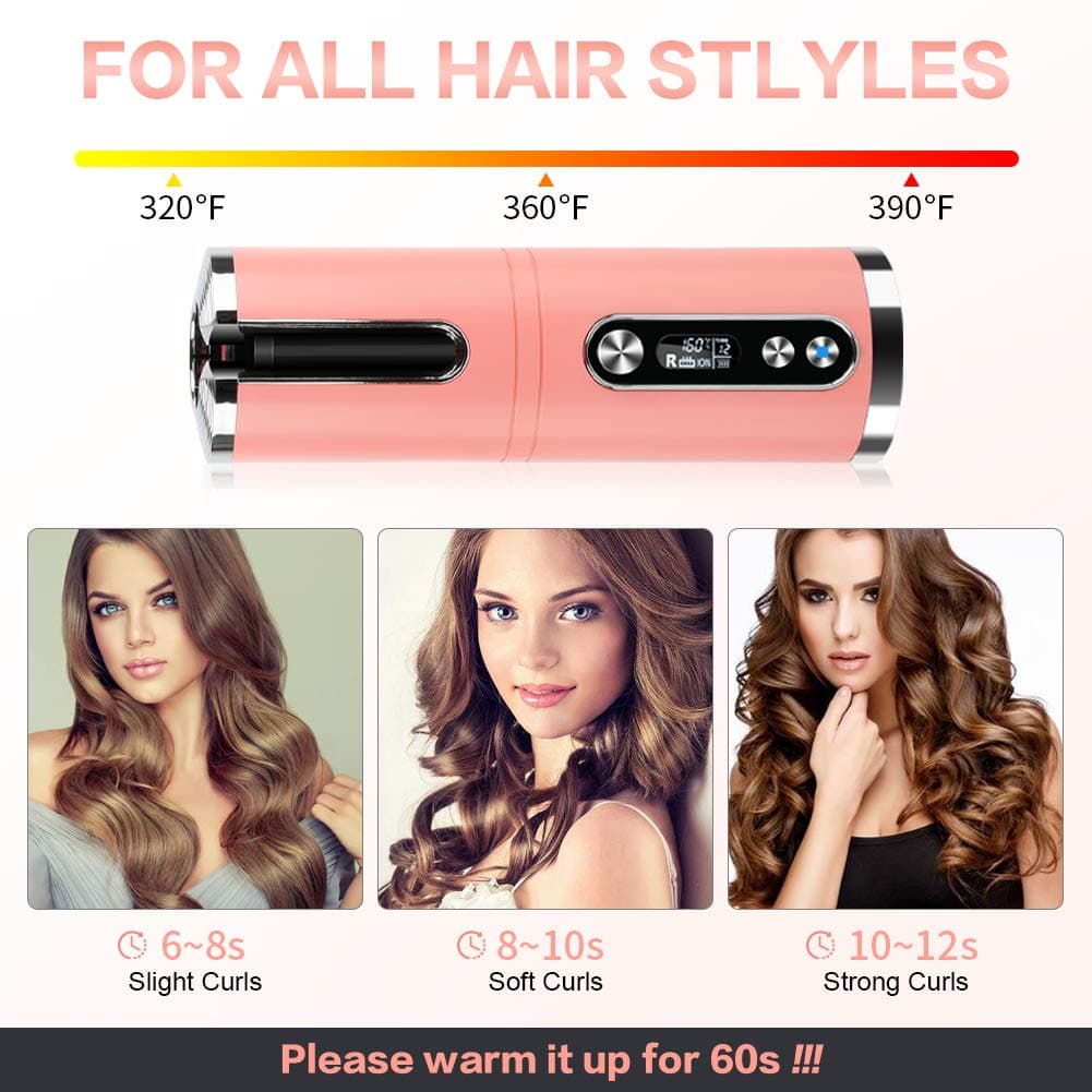 Cordless Auto Curler, Auto Curlers Wand, Auto Hair Curler with LCD Temperature Display and Timer, Auto Shut-Off Portable Curling Wand,USB Rechargeable Travel Curling Iron (Pink)