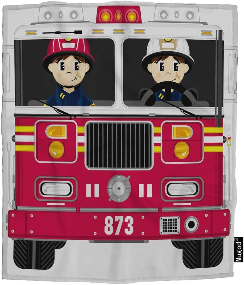 Mugod Fireman and Fire Engine Throw Blanket Cartoon Firefighter Badge Helmet Fire Truck Red Soft Cozy Fuzzy Warm Flannel Blankets Decorative for Baby Toddler Swaddle Dog Cat 30X40 Inch