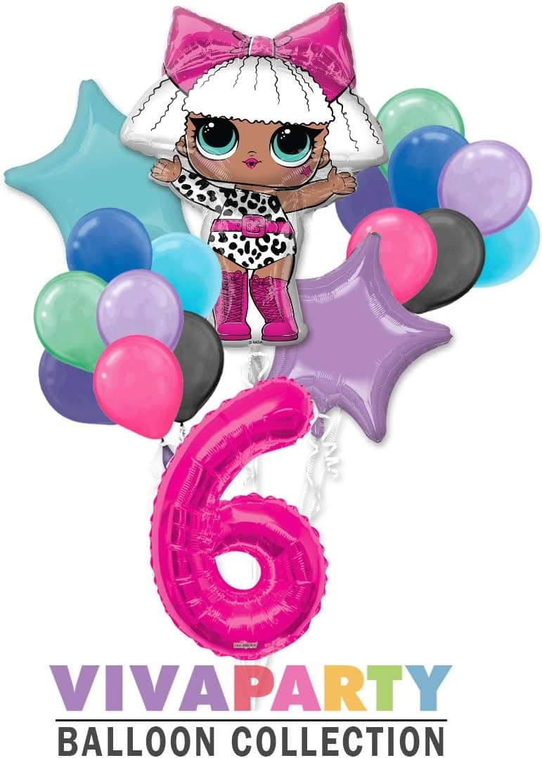 LOL Round Balloon Bouquet 18 pc, 6th Birthday, Hot Pink Number 6 Jumbo Balloon | Viva Party Balloon Collection
