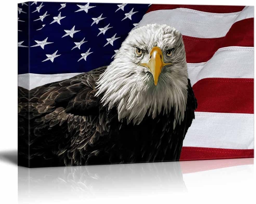Canvas Prints Wall Art - Majestic Bald Eagle Against a Photo of an American Flag Patriotic Style | Modern Wall Decor/Home Decoration - 24" x 36"