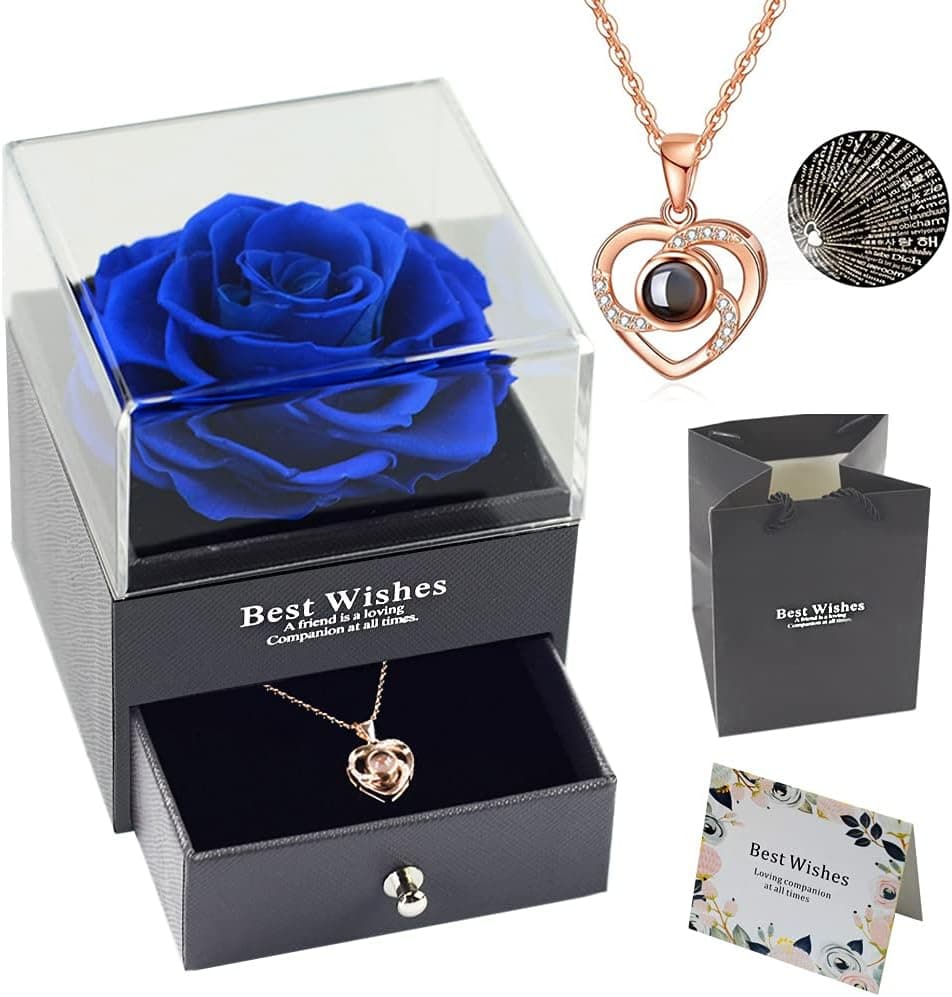 Preserved Rose Real Flower with Love You Necklace in 100 Languages Gift Set, Enchanted Rose Flower for Valentine's Day Anniversary Wedding Bthday Romantic Gifts for her - Blue