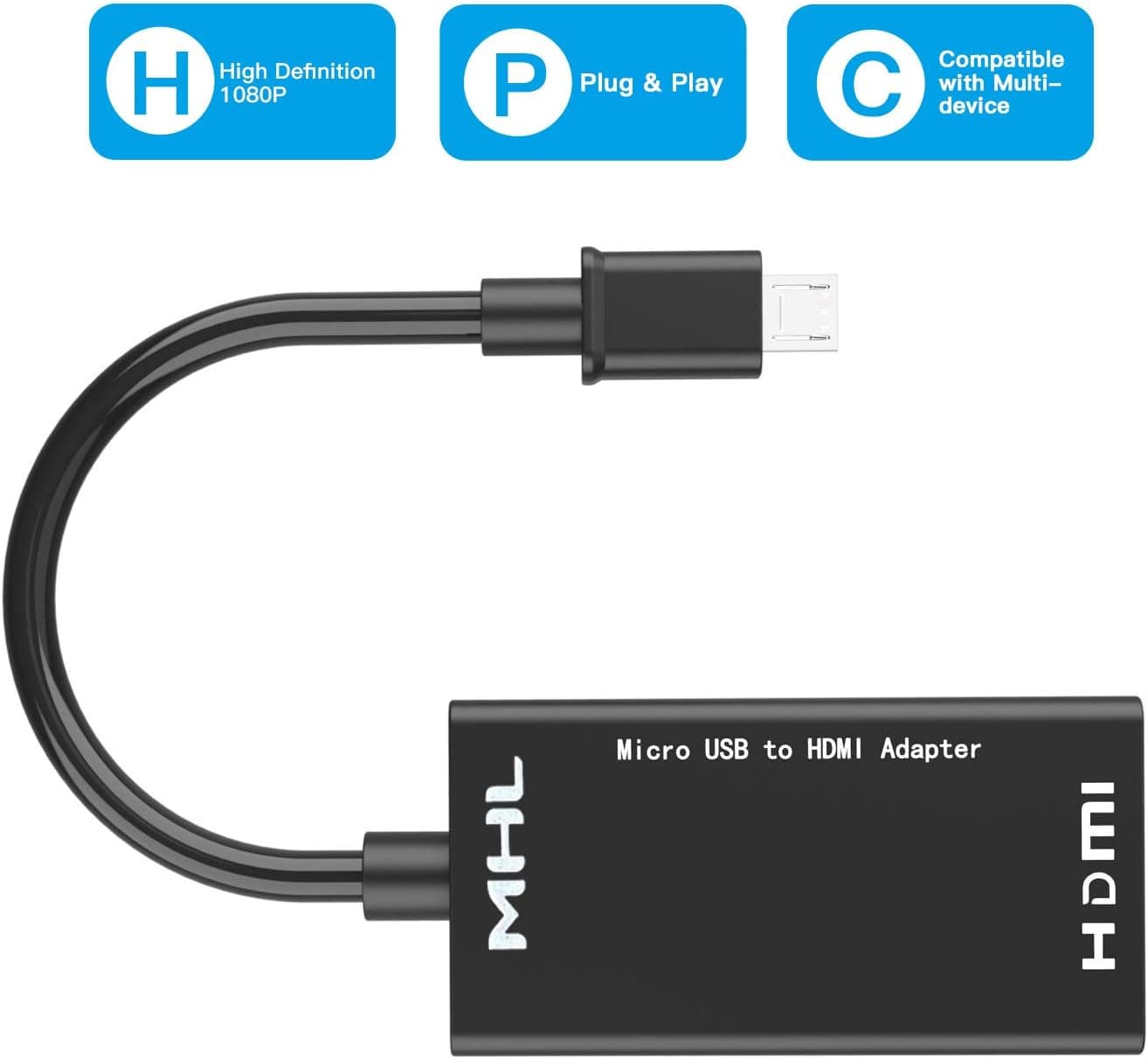 RayCue MHL to HDMI, Micro USB to HDMI Adapter, 1080P Cable with Video Audio for Samsung, Android Smart Phones.