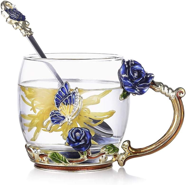 RED MAISON Clear Glass Tea Coffee Cups Elegant Enamel Flower Butterfly Glass Mugs with Spoon Gift Set for Women Girl Friend,10 oz (Blue Rose 300ml)