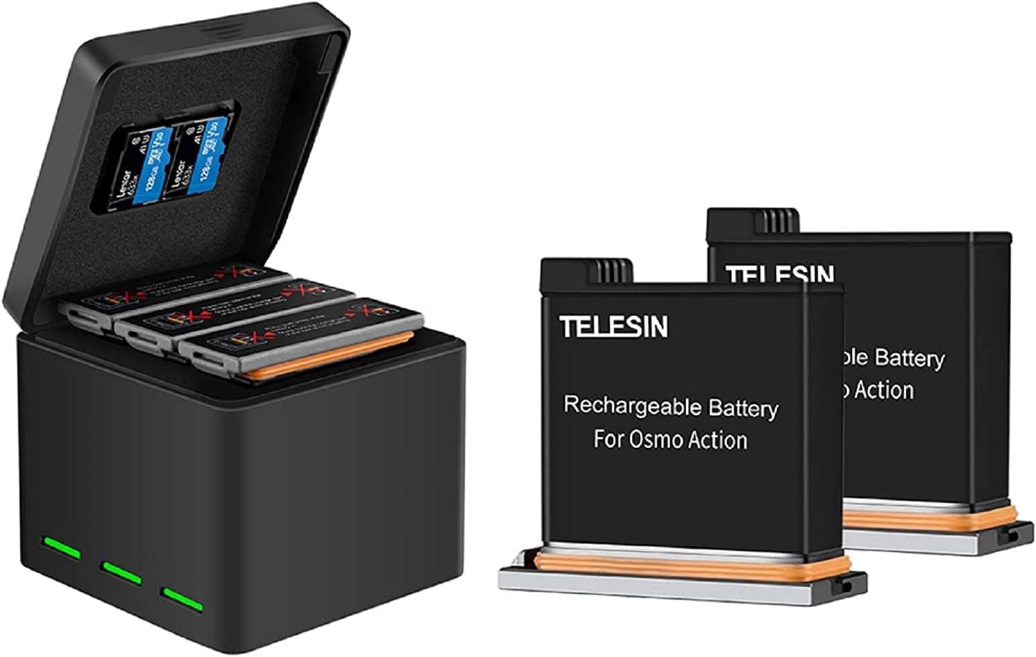 TELESIN 2-Pack Replacement Battery and Triple Storage USB Charger Case with Charging Cable for DJI Osmo Action Camera, Compatible with Original Batteries (1 x Charger + 2 x Batteries)