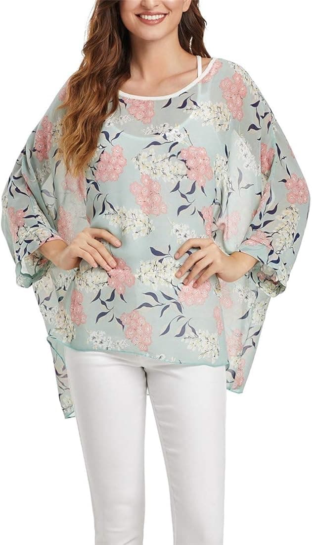 iNewbetter Womens Floral Print Batwing Sleeve Boho Blouse Chiffon Poncho Summer Tunic Tops