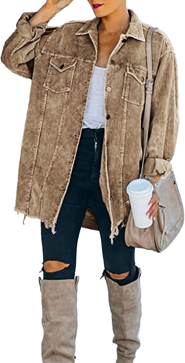 Ainangua Women's Oversized Corduroy Shirts Long Sleeve Button Down Retro Jacket Coat Shacket