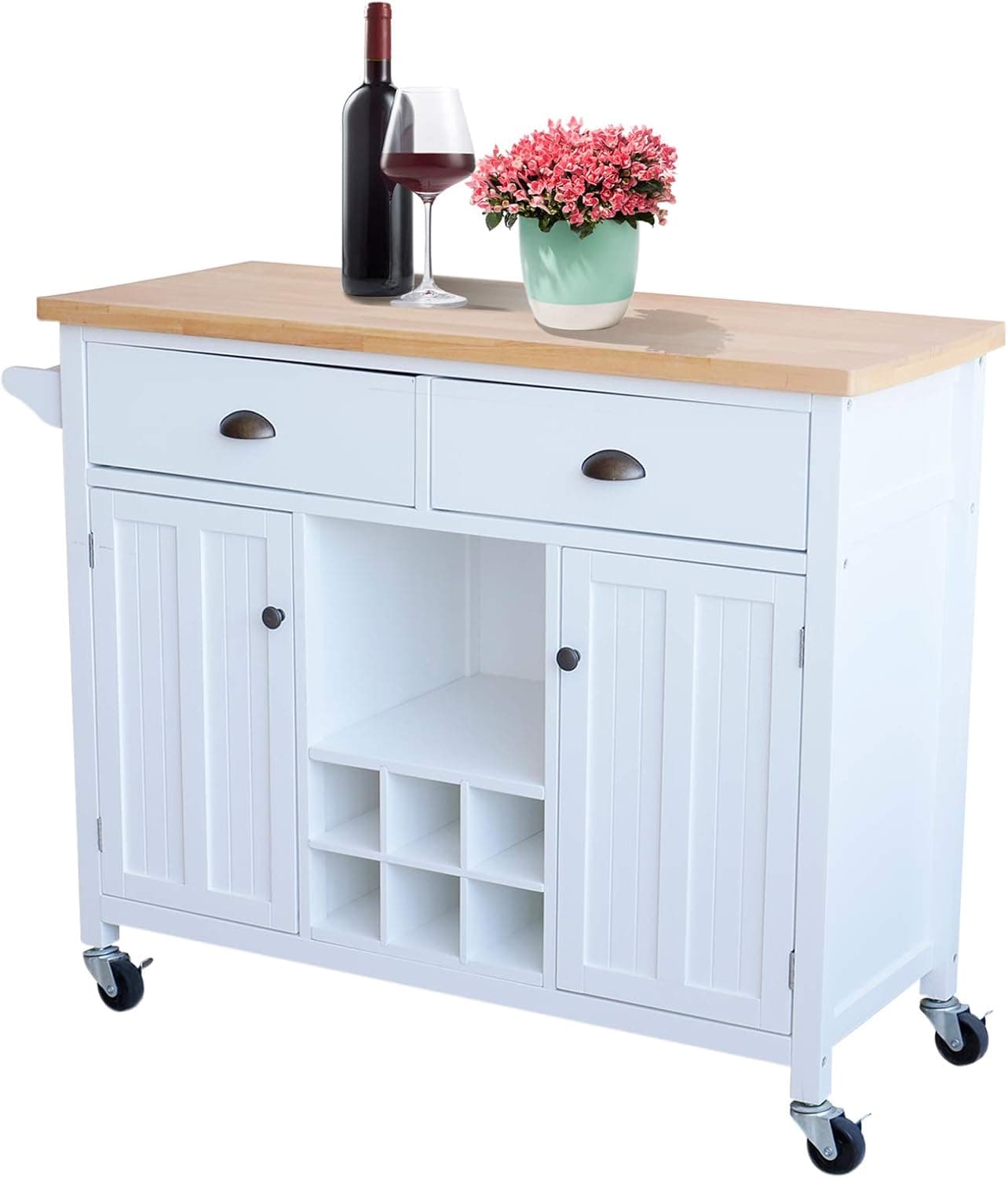 mecor Kitchen Island Utility Cart w/Wood Top, Rolling Trolley Buffet on Wheels with Storage Drawer, Wine Racks and Cabinet, White