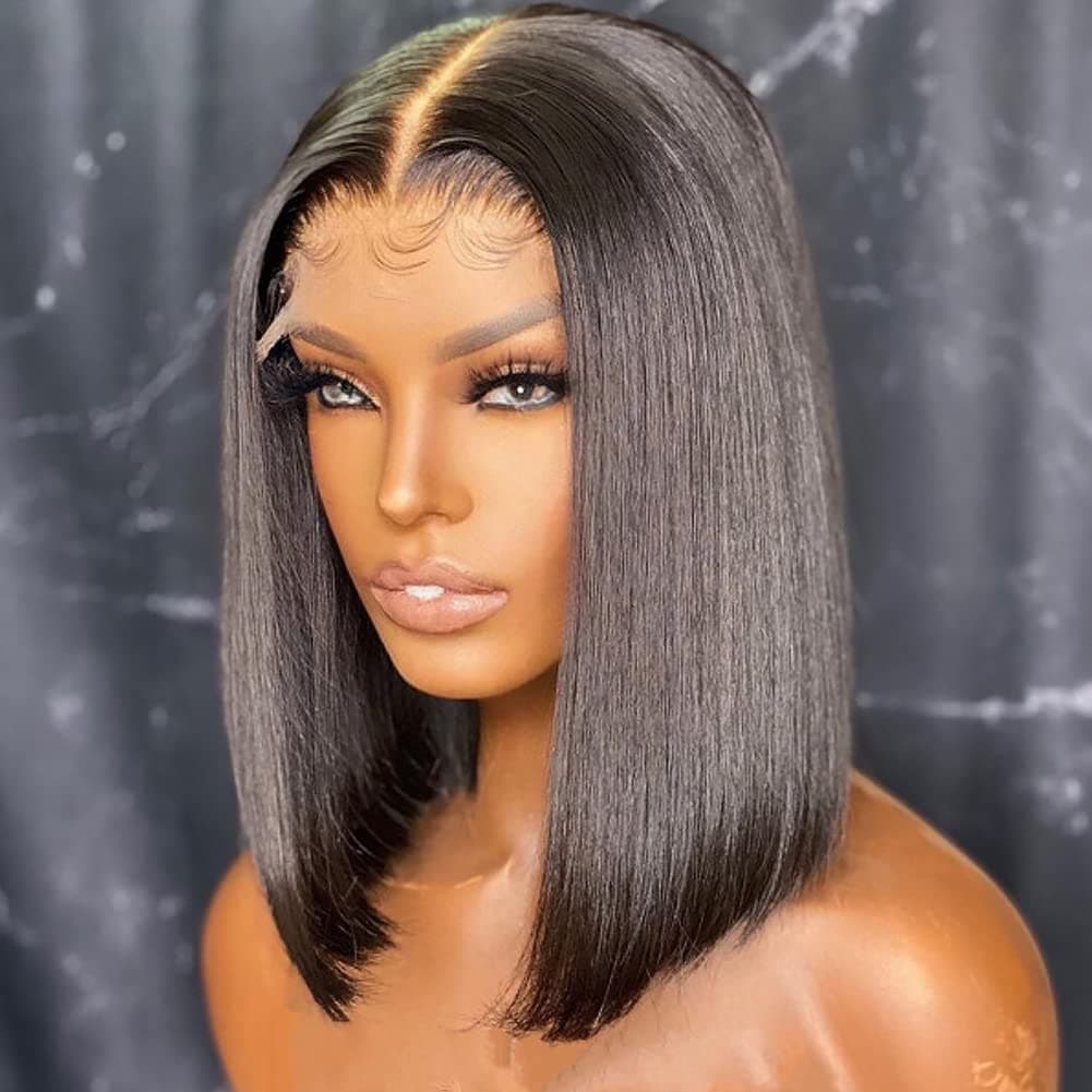Short Bob Wig Human Hair 4X4 Lace Closure Wigs Human Hair 150% Density Brazilian Virgin Straight Bob for Black Women Pre Plucked with Baby Hair Natural Black YMSGIRL(12Inch)