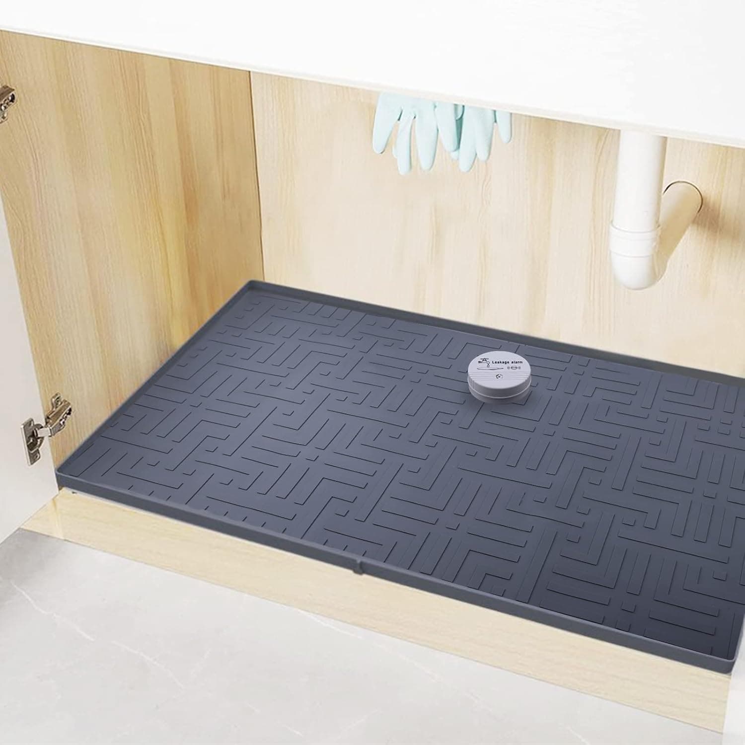 Gubeter Under Sink Mat for Kitchen Waterproof, 34" X 22" Kitchen Sink Mats Silicone Waterproof Under Sink Drip Tray, Under Sink Liners Hold Up To 3.3 Gallons Liquid With 90DB Water Leak Sensor (Gray)