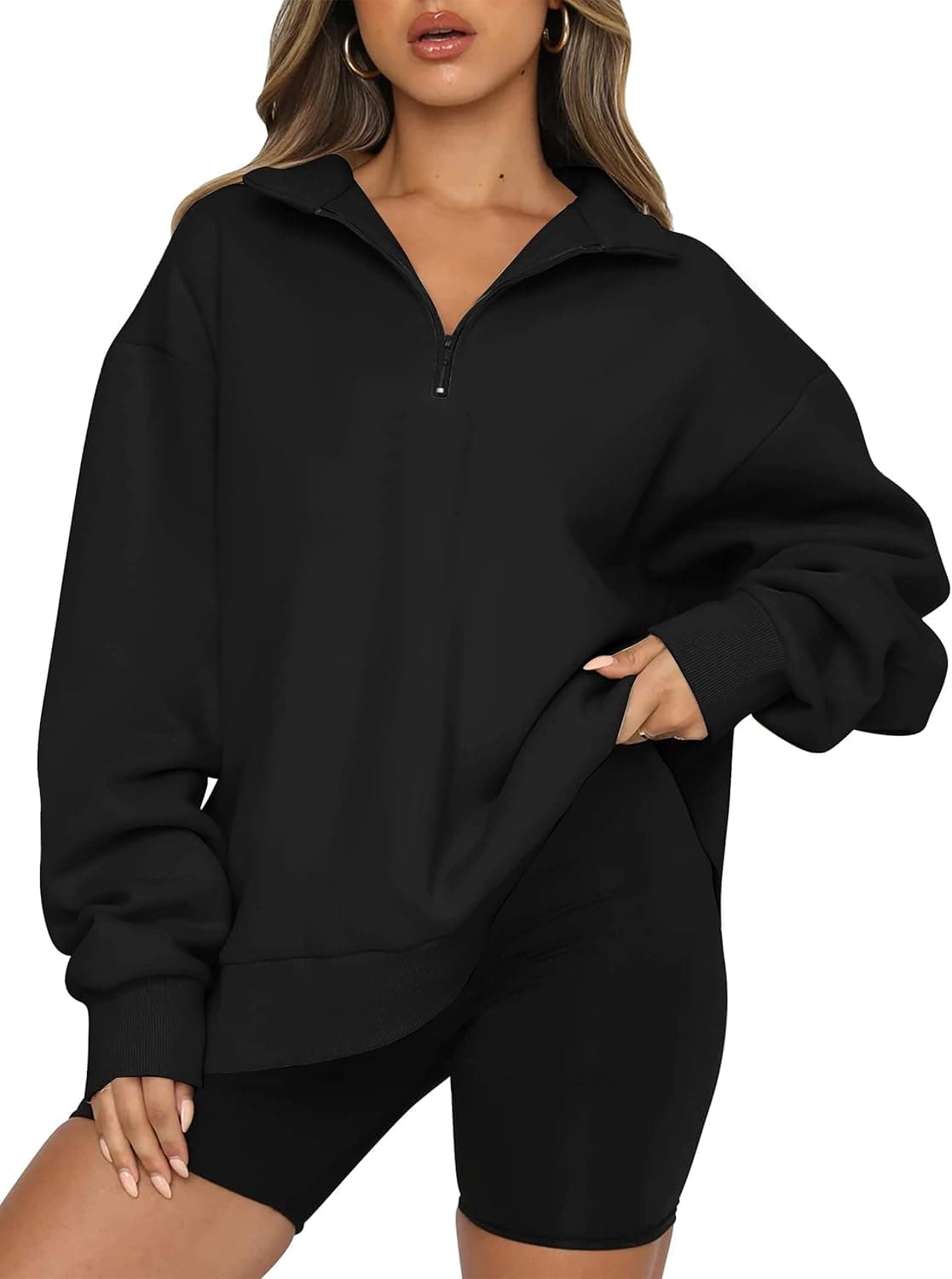 Flygo Womens Oversized Half Zip Pullover Long Sleeve Sweatshirt Quarter Zip Hoodie Trendy Fall Fashion Y2K Clothes Teen Girls