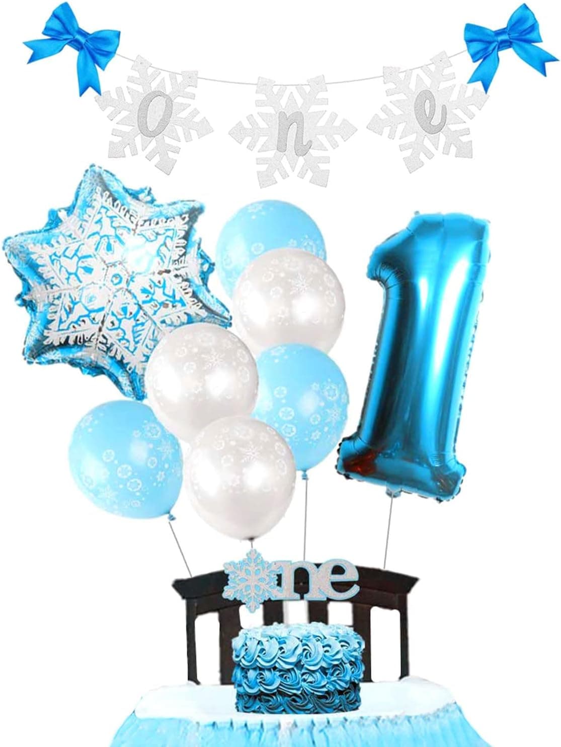 JeVenis Snowflake First Birthday Decoration Blue Winter Onederland Decoration for Boy Girl Winter Onederland Banner Snowflake Cake Topper Snowflake High Chair Banner