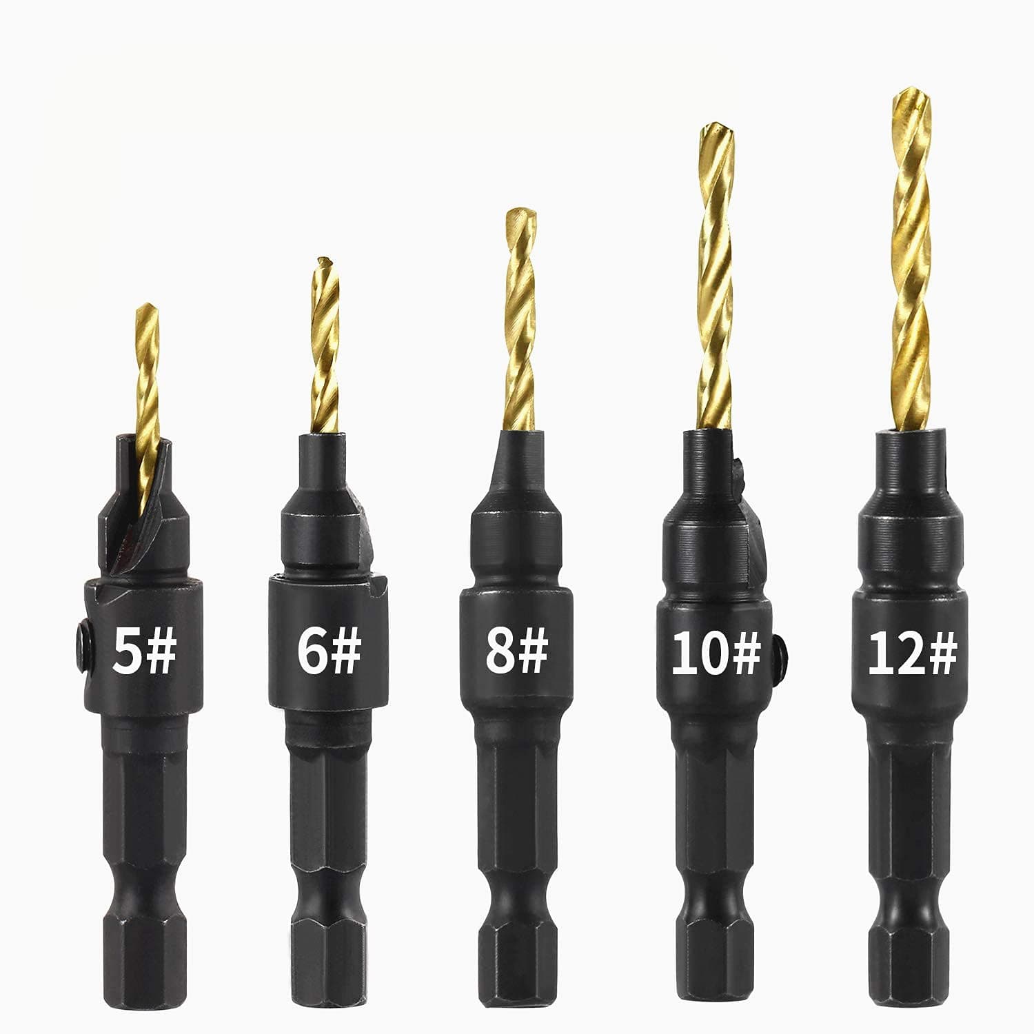 Xnrtop Woodworking Tool Countersink Drill Bit Set 1/4 Inch Hex Shank Power Tools Accessories for Plastic Metal 5Pcs/Set #5#6#8#10#12 (Gold)