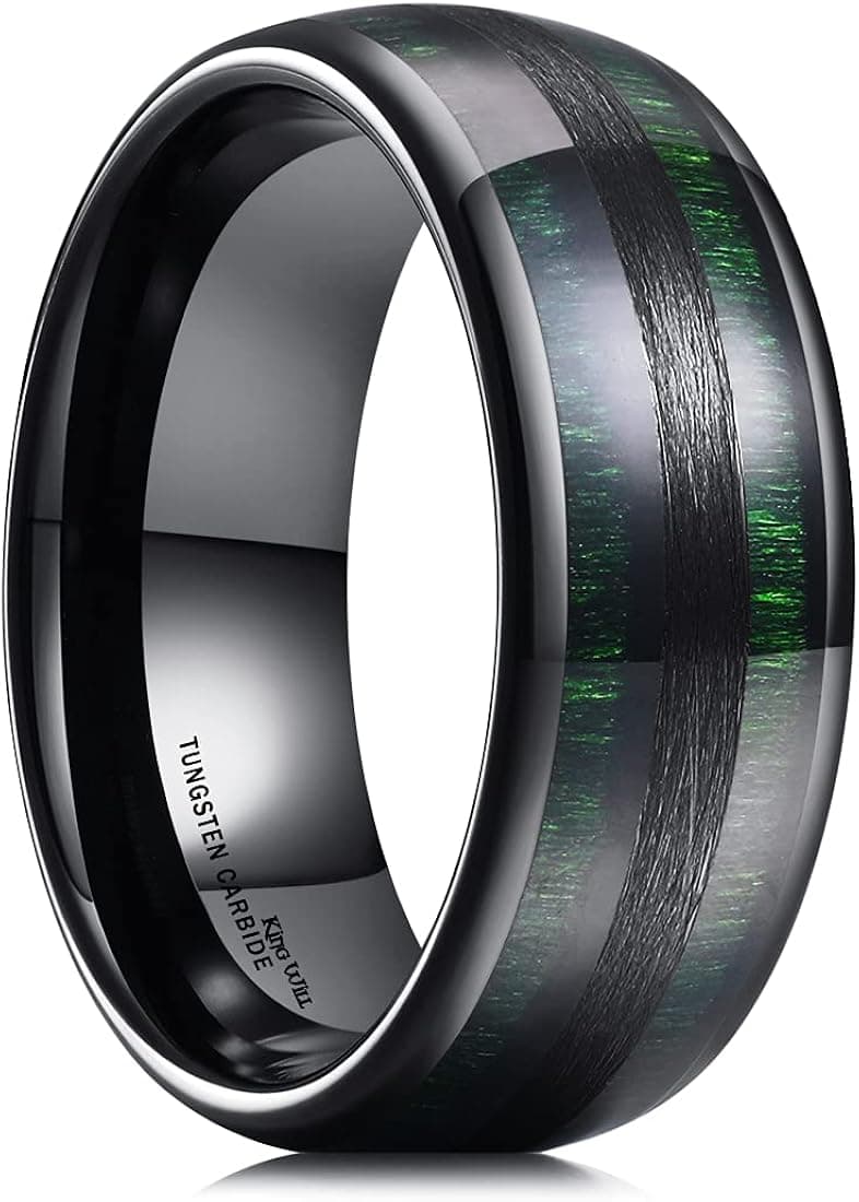 King Will Nature 8mm Mens Domed Blue/Green/Brown/Black Maple Inlay Black Tungsten Carbide Ring Brushed Wedding Band