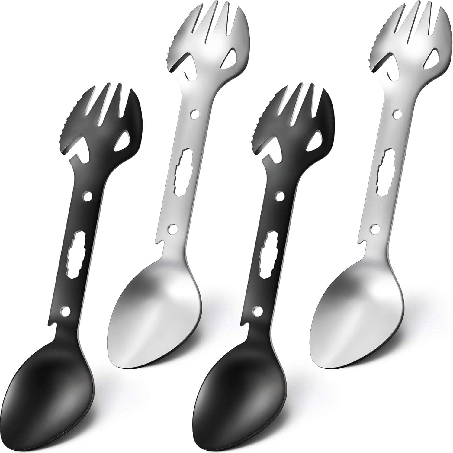 4 Pieces 8-in-1 Camping Spork Multi-functional Stainless Steel Spoon Fork Knife Can Bottle Opener Serrated Wrench Harpoon and Hanging Hole Multi Functional Flatware for Hiking Backpacking